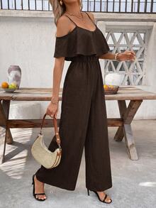 SHEIN Clasi Cold Shoulder Ruffle Trim Wide Leg Jumpsuit - Coffee Brown - View 4