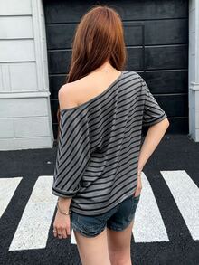 K-Vae Striped Print Asymmetrical Shoulder Batwing Sleeve Tee - Multicolor - View 2