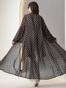 Al Najma Plus Polka Dot Print Open Front Abaya - Brown - View 2