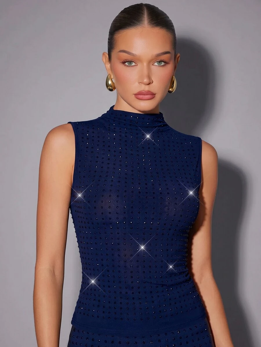 Hauture Camiseta de tirantes con cuello alto y malla con pedrería - Azul Marino - Ver 1