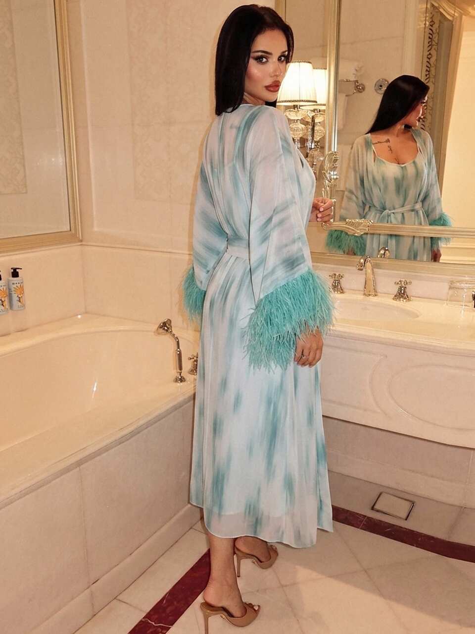 Tie Dye Fringe Trim Robe & Cami Dress PJ Set