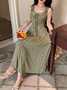 DAZY Ditsy Floral Ruffle Trim Drawstring Front Sleep Dress - Green - View 4