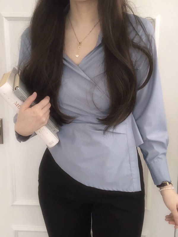 DAZY 素色不對稱下擺裹領開襟襯衫