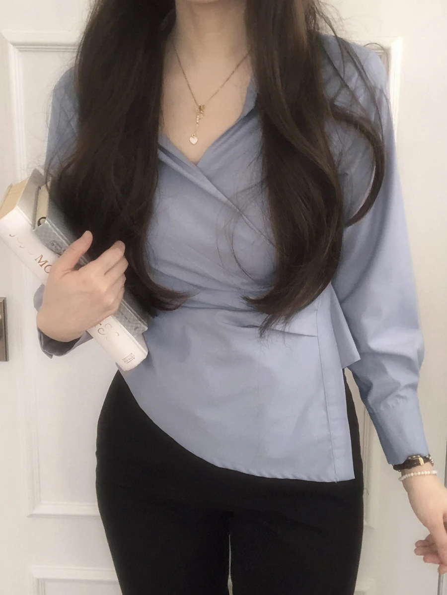 DAZY Solid Asymmetrical Hem Wrap Placket Shirt - Blue - View 1