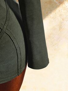 Amplova Solid Rib-Knit Deep V-Collar Unitard Romper - Army Green - View 9