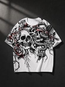 ROMWE MEN Goth Men Skull & Floral Print Short Sleeve Tee - White - View 1