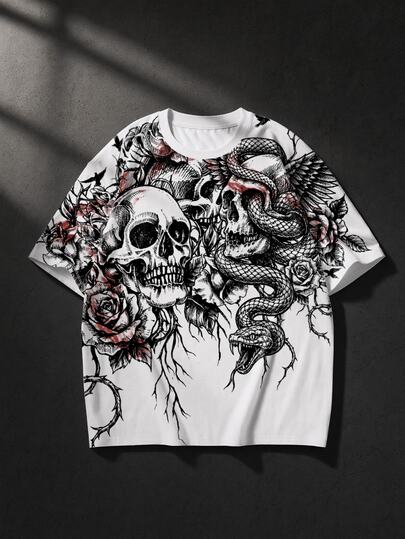 Goth T-shirt à manches courtes pour hommes avec imprimé crâne & floral