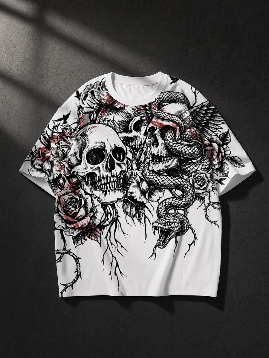 ROMWE MEN Goth Men Skull & Floral Print Short Sleeve Tee - White - View 1
