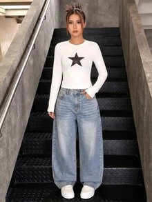 SHEIN 1 pieza de jeans de pierna ancha lavados para adolescentes - Lavado ligero - Ver 5