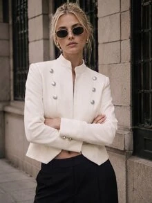 Selenza Button Detail Open Front Crop Jacket Office Off-White Autumn Elegant Smart Casual - White - View 3