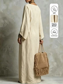 Breezaya Solid Batwing Sleeve Maxi Dress Without Belt - Apricot - View 2