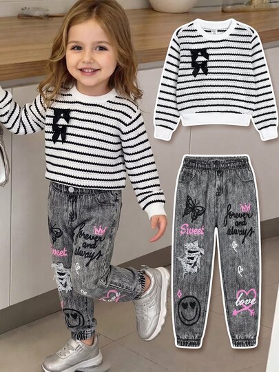 SHEIN Baby Girl Contrast Bow Detail Striped Pattern Pullover Sweatshirt & Cartoon Graphic Tapered Pants Set