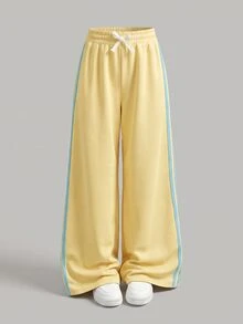 SHEIN Tween Girl Contrast Side Seam Drawstring Waist Wide Leg Pants - Multicolor - View 7