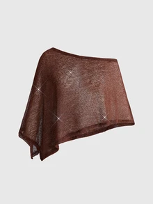 ROMWE Hippie Plus Size Solid Glitter Asymmetrical Hem Mesh Top - Brown - View 1