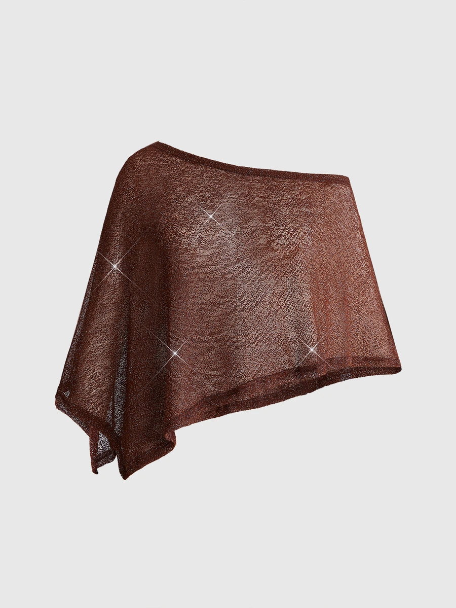 ROMWE Hippie Plus Size Solid Glitter Asymmetrical Hem Mesh Top - Brown - View 1