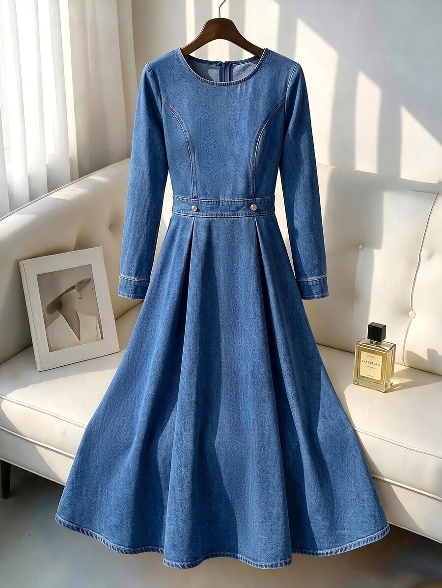 GlowEve Solid Zip Back Denim Dress Brunch Light Blue Autumn Casual Elegant