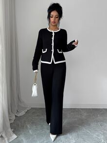 Elenzga Contrast Trim Button Front Cardigan & Knit Pants - Multicolor - View 6