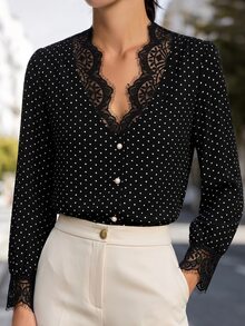 SHEIN Polka Dot Print Guipure Lace Trim Blouse - Black and White - View 4