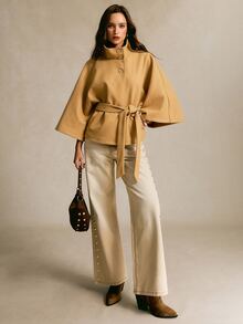 CielaLinda Mock Neck Batwing Sleeve Belted Overcoat - Khaki - View 6