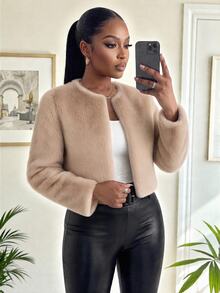 SHEIN Lady CURVE Plus Size Faux Fur Coats - Khaki - View 3