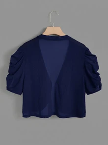 SHEIN Clasi Plus Solid Puff Sleeve Open Front Crop Jacket - Navy Blue - View 2
