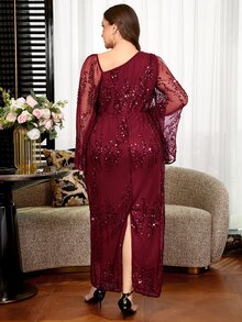 Reflora Vestido de lentejuelas con cuello asimétrico y mangas con volantes, talla grande - Burdeos - Ver 2