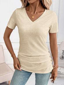 SHEIN Clasi Camiseta de cuello en V con detalle de botones de color sólido - Albaricoque - Ver 3