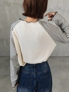 FRIFUL 條紋印花刺繡愛心插肩袖荷葉邊上衣 - 米色 - 查看 5