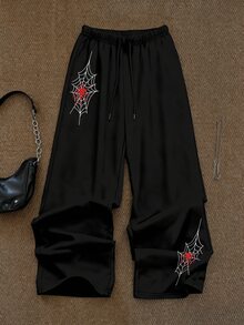 Attitoon Celana Jogging dengan Motif Hati & Jaring Laba-laba dan Tali Serut di Pinggang - Hitam - View 4