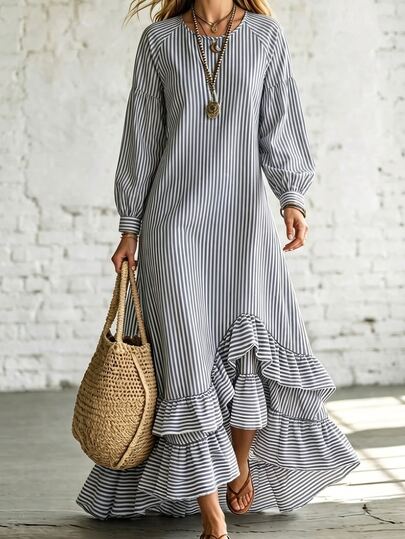 SHEIN Vestido holgado con estampado a rayas y bajo con volantes