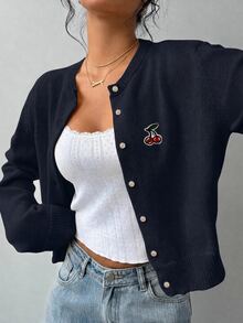 SHEIN BASICS 櫻桃刺繡前開扣開襟衫 - 彩色 - 查看 6