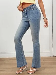 SHEIN 斜口袋喇叭褲牛仔褲 - 淺色水洗藍 - 查看 6