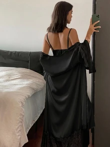 DAZY Contrast Lace Cami Sleep Dress & Robe PJ Set - Black - View 2