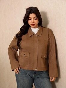 Elaquor Plus Size Suede Flap Pocket Zip Up Jacket Fall - Brown - View 5