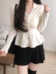 DAZY Solid Button Through Peplum Cardigan Fall Long Sleeve Tops - White - View 8