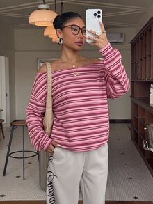 Muchica Striped Print Drop Shoulder Sweatshirt - Multicolor - View 3
