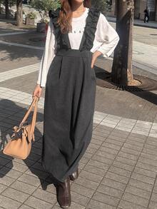 FRIFUL Solid Ruffle Trim Overall Dress Without Tee Brunch Dark Green Autumn French Elegant - Dark Grey - View 5
