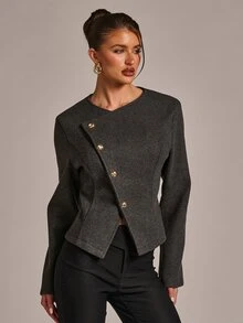 SHEIN BAE Jaket Pendek Campuran Wol Abu-abu Muda dengan Detail Kancing Diagonal, Kerah Bulat, Potongan Ramping, Elegan, Kasual, Profesional untuk Kantor, Bisnis, Musim Gugur - Dark Grey - View 5