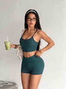 SHEIN Sports ชุดกีฬาแบบเปิดหลังบิดเกลียวสีพื้น - สีน้ำเงิน - ดู 4