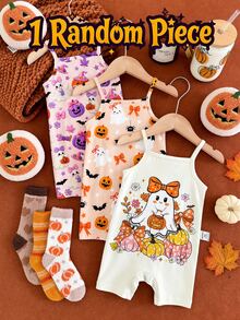 Baby Girl Random 1pc Halloween Print Cami Romper & 1pc Socks - Multicolor - View 1
