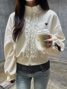 FRIFUL Sweatshirt Bermotif Hati dengan Hiasan Ruffle, Bahu Longgar, dan Resleting, Cocok untuk Musim Gugur, Sehari-hari di Sekolah, Warna Putih Gading, Lucu, dan Romantis. - Aprikot - View 9