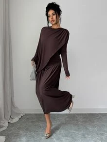 Elenzga 1 pieza Vestido con detalle fruncido sólido - Marrón - Ver 7