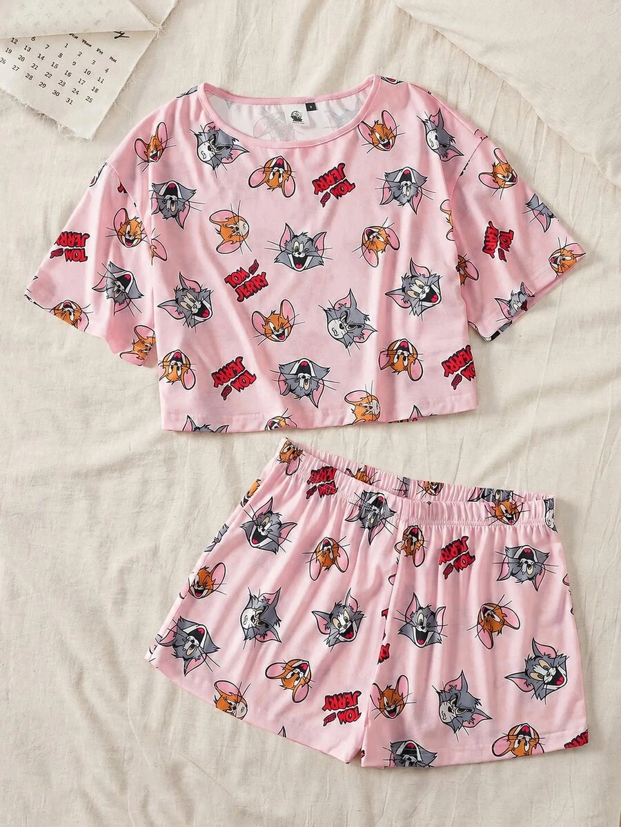 TOM & JERRY X SHEIN 卡通圖案 T 恤與短褲睡衣套裝 - 粉色 - 查看 1