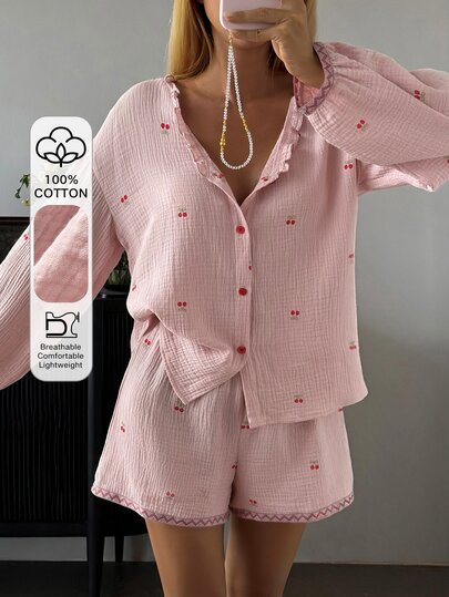 DAZY Cherry Print Textured PJ Set