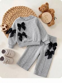 SHEIN Baby Girl Bow Front Sweatshirt & Seam Front Sweatpants Set - Grey - View 1