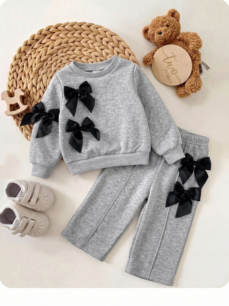 SHEIN Baby Girl Bow Front Sweatshirt & Seam Front Sweatpants Set - Grey - View 1