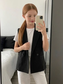 DAZY Tween Girl 1pc Solid Lapel Neck Vest Jacket Fall - Black - View 4