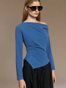 Ontre Asymmetrical Neck Ruched Waist Tee Office Steel Blue Autumn Elegant - Blue - View 7