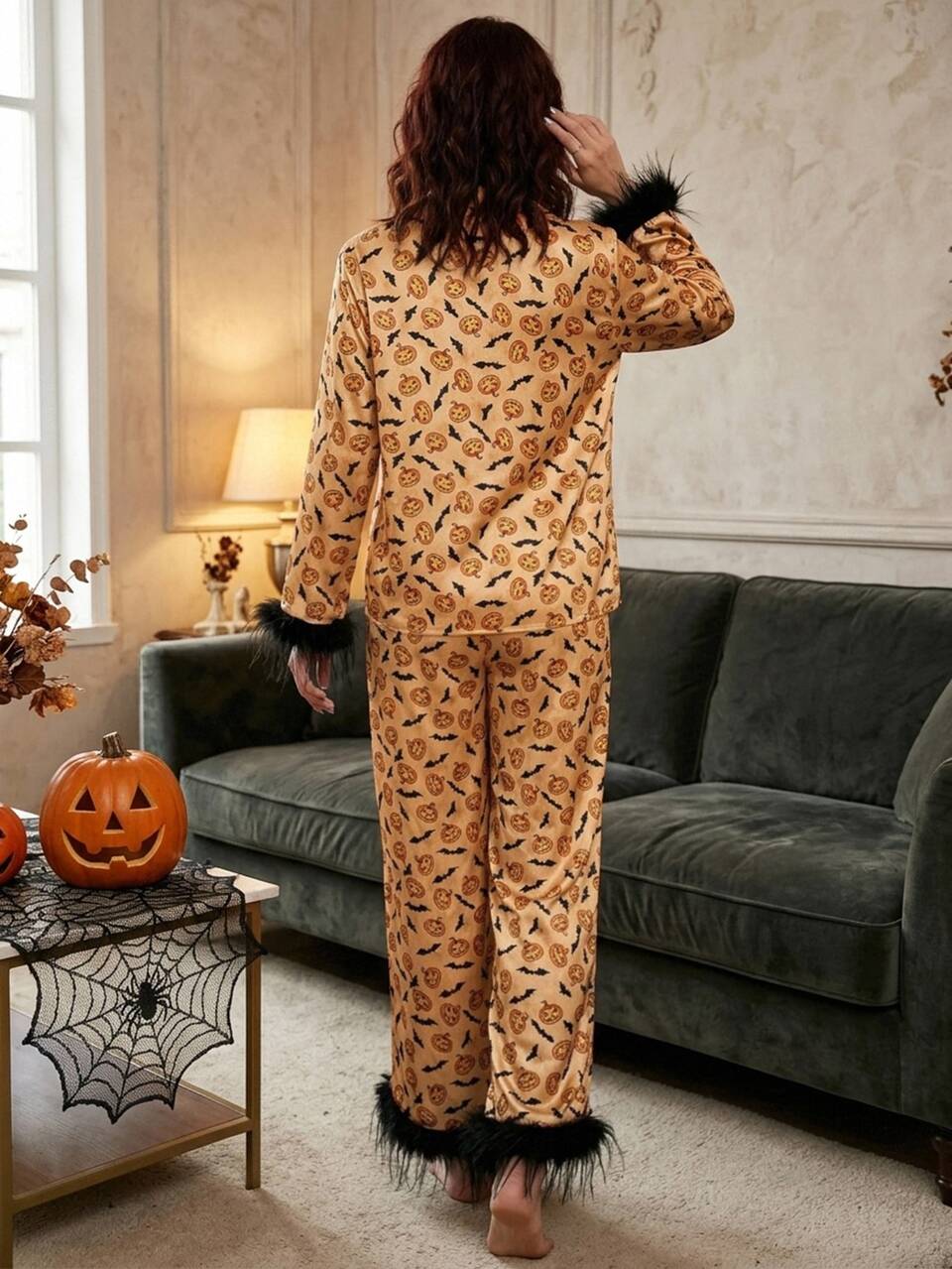 Halloween Allover Print Fuzzy Trim Satin PJ Set