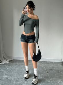 SHEIN Unity Asymmetrical Neck Hanky Hem Crop Sweater - Grey - View 4